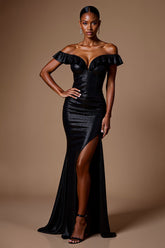 Glitzerndes Schwarzes Schulterfreies Pailletten Langes Ballkleid mit Schlitz